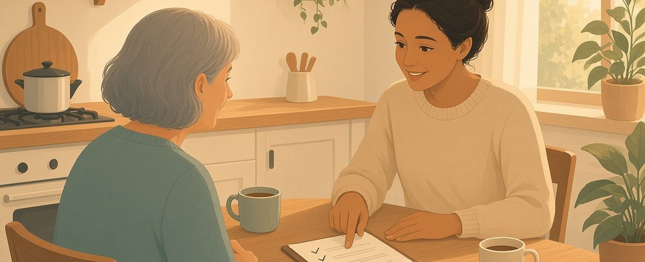 Carer and older person talking with a support worker at a kitchen table.