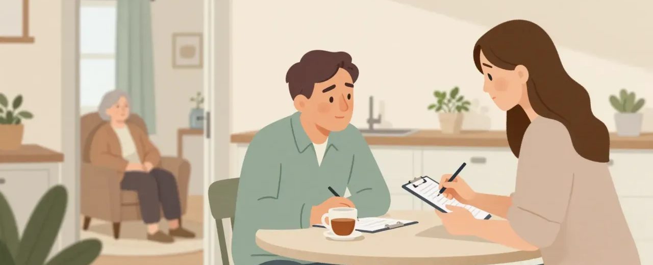 A tired carer talks with a council worker at a kitchen table while the older woman he looks after rests in the next room.