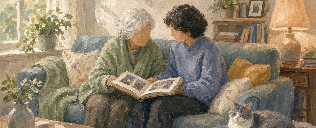 Older person and relative looking at a photo album together