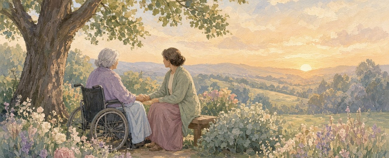 Person in a wheelchair and companion holding hands in a garden