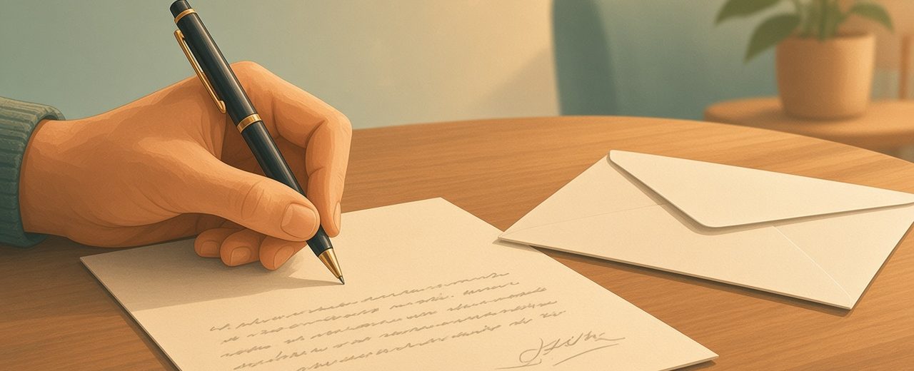 Handwritten letter and envelope on a table next to a cup of tea.