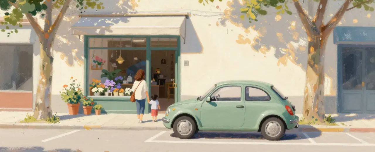 A painted street scene. A small green car is parked right outside a shop with flower pots. An adult and a child walk hand in hand the few steps to the shop door.