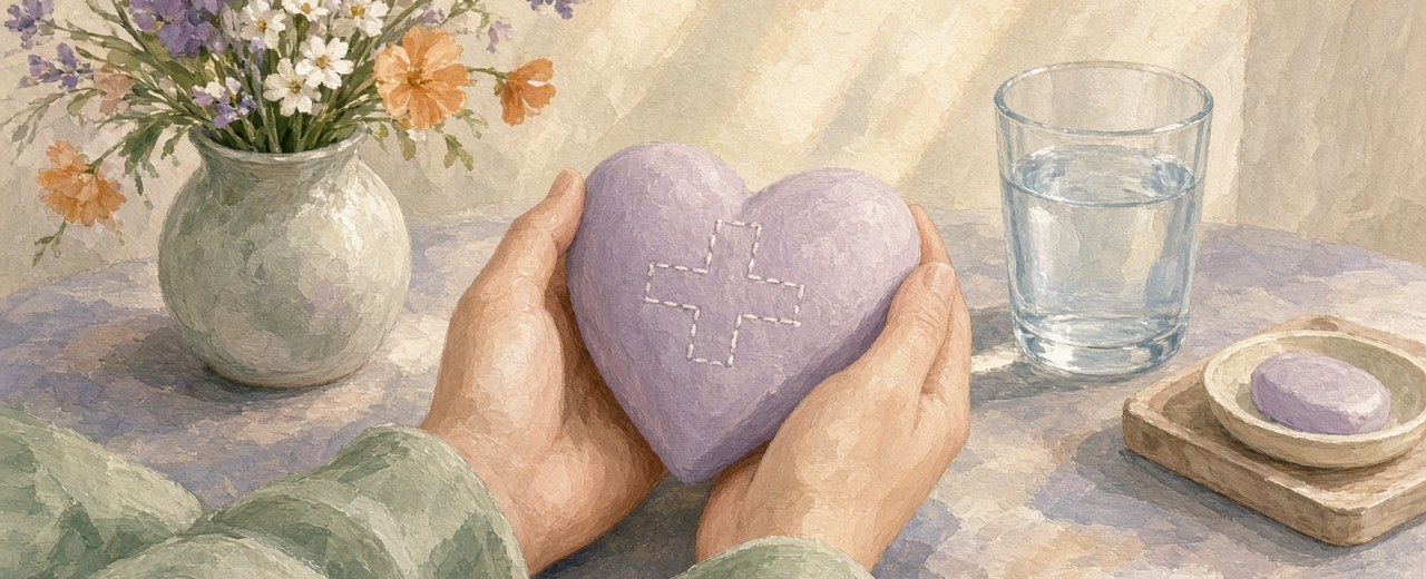 Caring hands holding a soft heart shape beside flowers and a glass of water