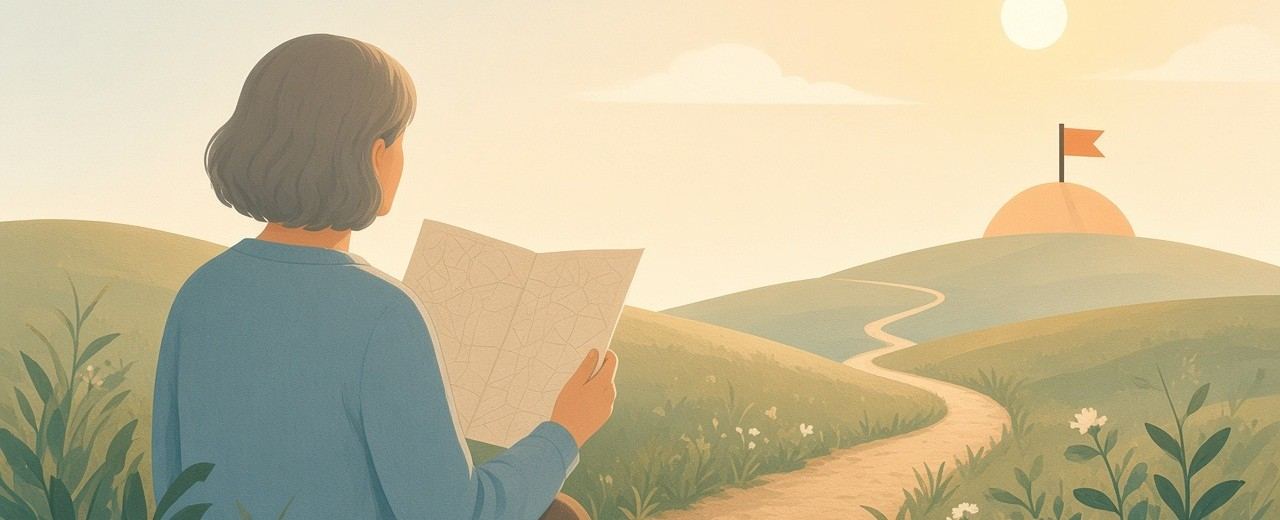 A friendly drawing of a person holding a map with a clear, winding path to a flag.