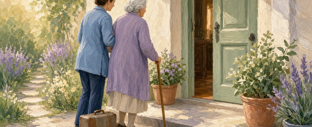 Older person arriving home with a walking stick, supported by someone at the front door.