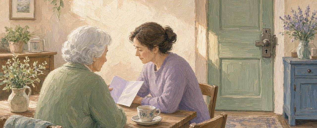 Older person and a relative sitting at a kitchen table looking at a letter together.